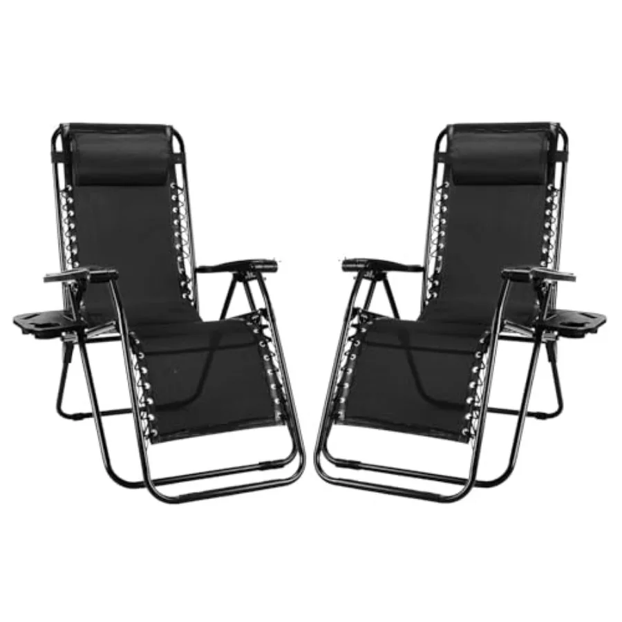 

Set of 2 Folding Portable Reclining Lounge Chairs for Camping Pool Beach with Adjustable Pollow Mesh Back Cup Holder Trays in G