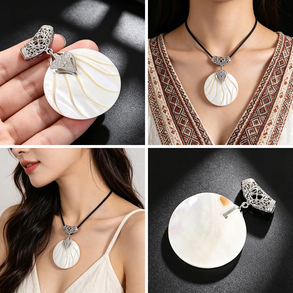 Natural Mother of Pearl Carved Round Shell Pendant Metal Hollow Filigree Setting Bohemian Necklace