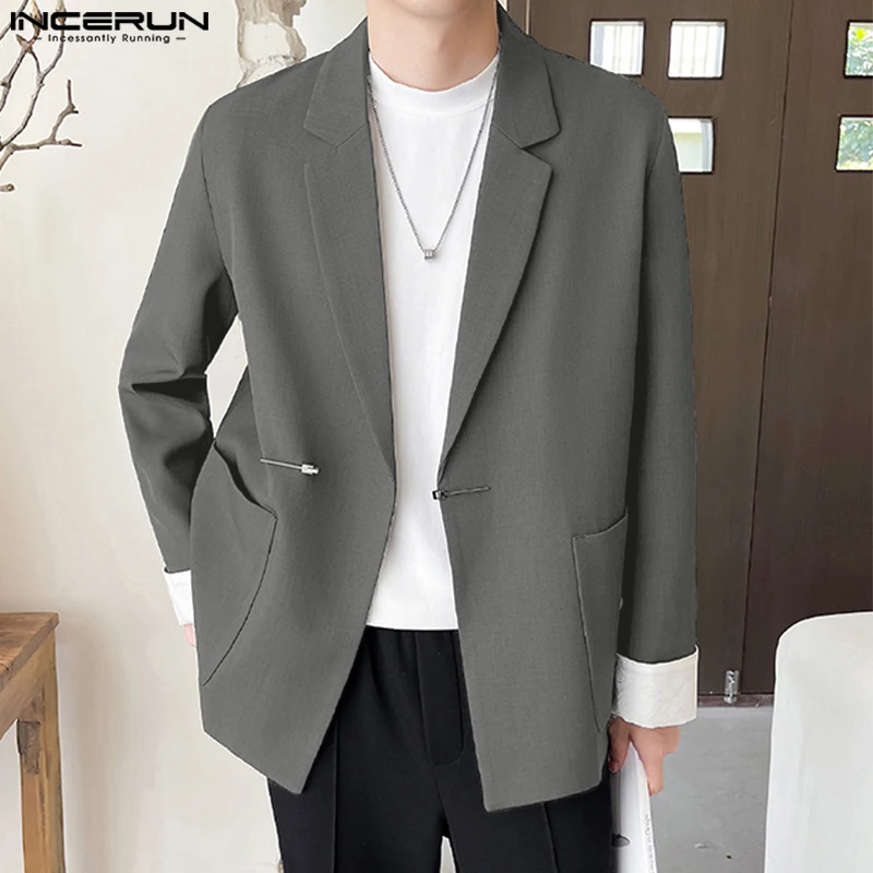 

INCERUN мужской пиджак повседневный однотонный длинный рукав 2025 пальто на пуговицах мужские повседневные мужские костюмы корейский стиль модные повседневные мужские тонкие пальто