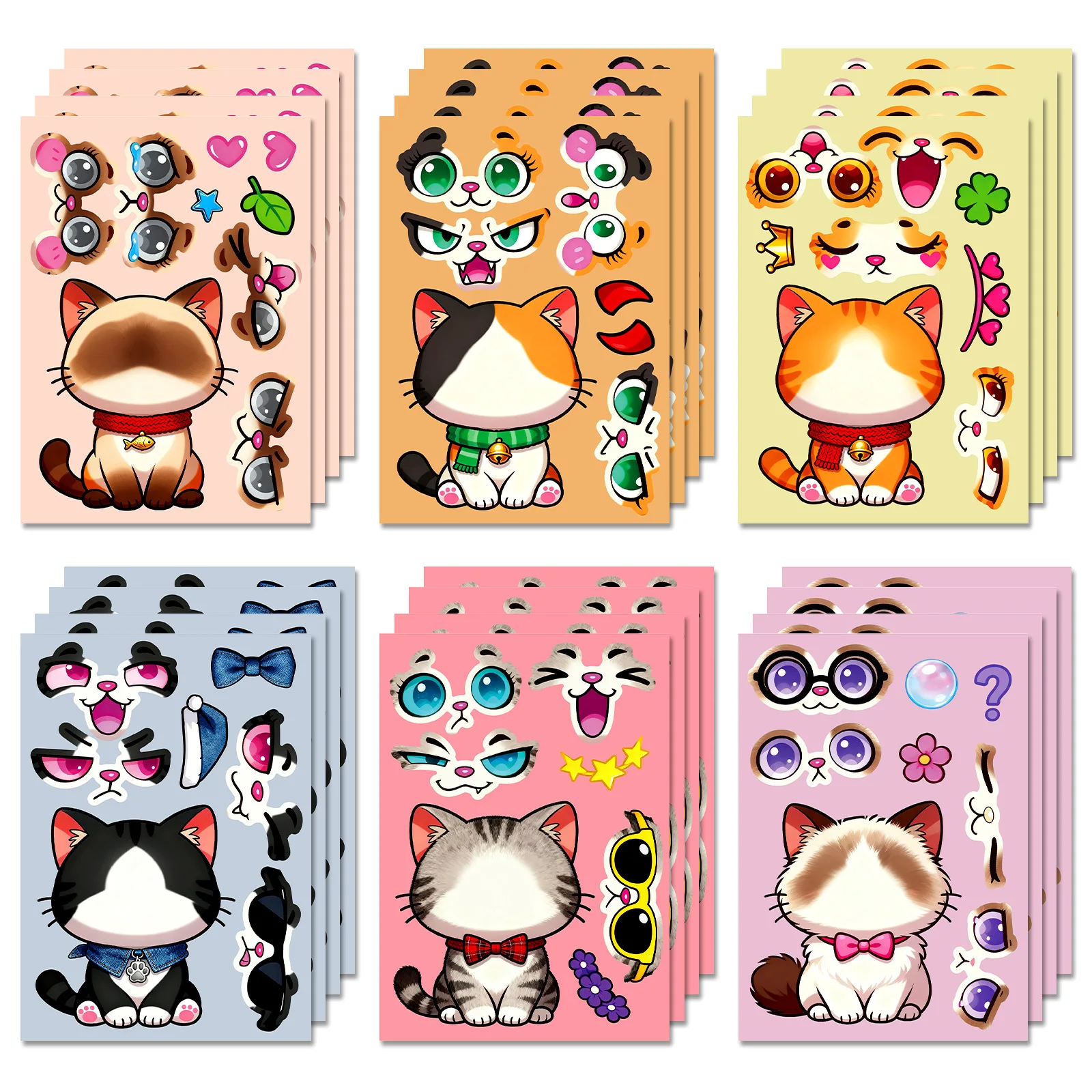 6/12 Pcs Large Cartoon Cat Full Body Make A Face Stickers DIY Brain Game for Fridge Stationery Box Notebook Guitar Desk