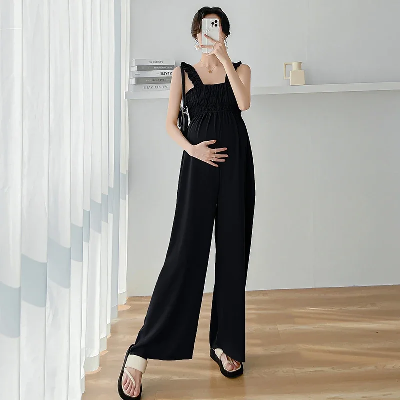 Summer Thin Jumpsuits for Maternity Sling Shoulder Slim Waist Wide Leg Overalls Pants for Pregnant Women Pregnancy Y2k Youth