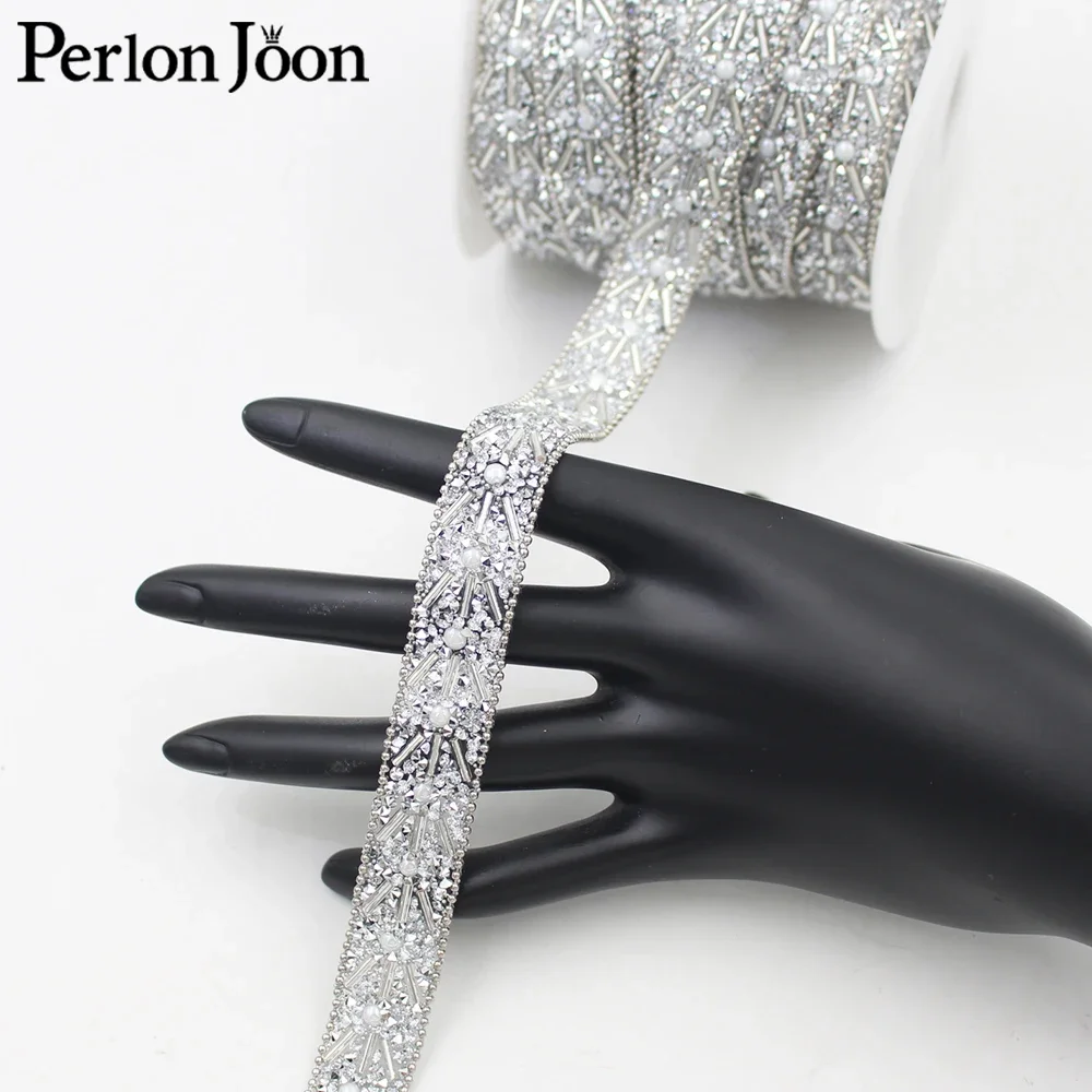 width 18mm silver pearl chain crystal hot fix rhinestone trim tape iron on webbing clothing bags shoes craft decoration TR167