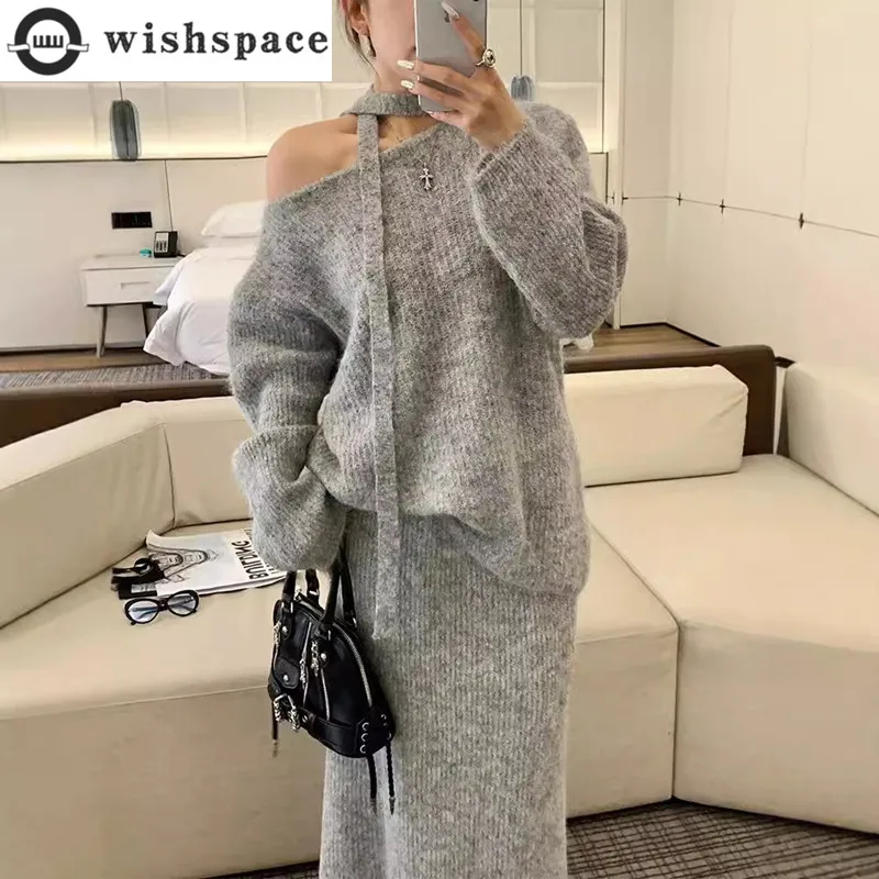 

2025 Autumn/Winter New Fashionable Simple Wool Knitted Top High Waist Mid Length Half Length Skirt Two Piece Set