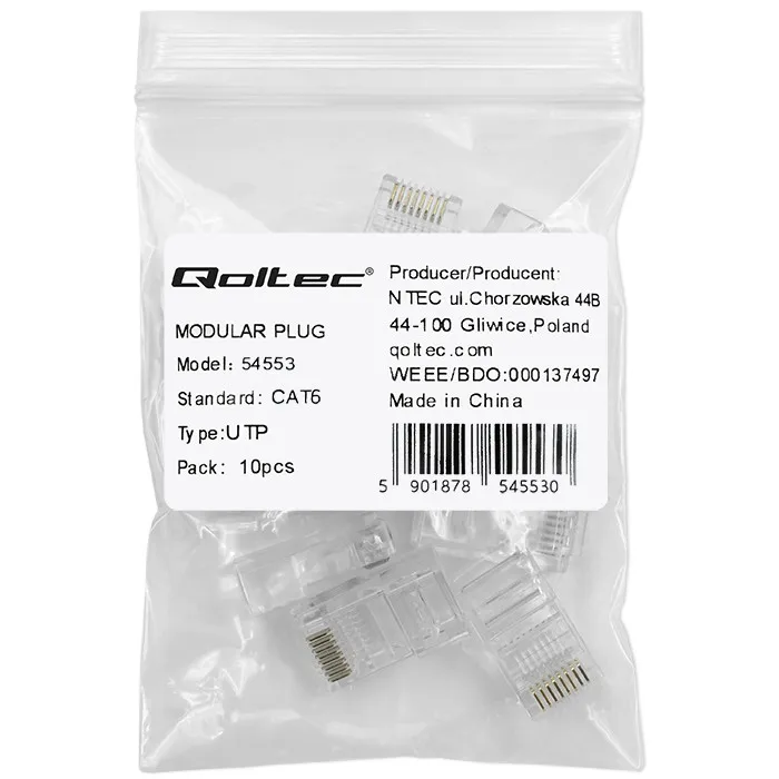 Qoltec Plug RJ45 modulaire connector | CAT6 | UTP | Vergulde contacten | 10 stuks