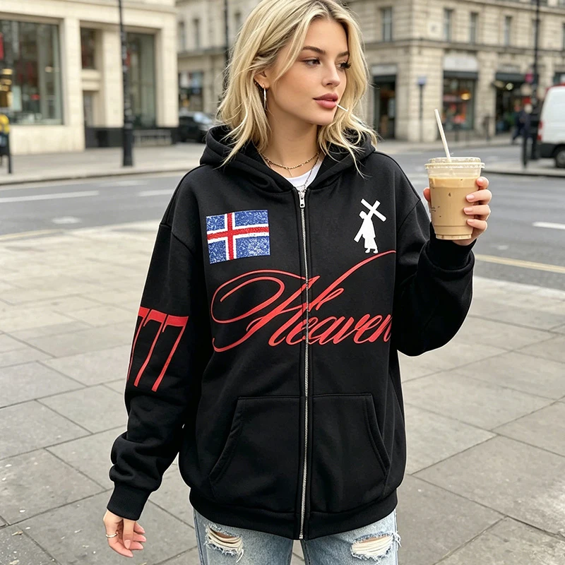 

Осенне-зимняя модная повседневная толстовка на молнии в стиле стритвир с готическим принтом и надписями, креативная куртка в американском панк-стиле, свободная толстовка с длинными рукавами