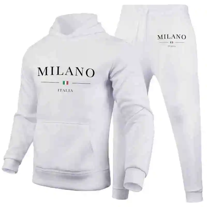 Men\'s Sports Hoodie Set Luxury Milan Print Sweatshirt Sweatpants Hooded Top Jogger Pants Casual Streetwear Sportswear