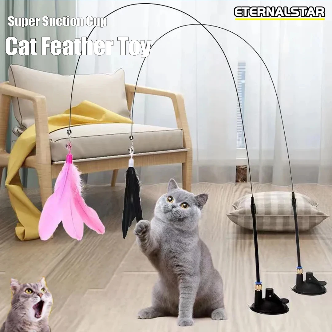 Cat Feather Toys Teaser Feather Wand Interactive Toys Cat Toys With Super Suction Cup Removable 3PCS Feather Replacement Toy