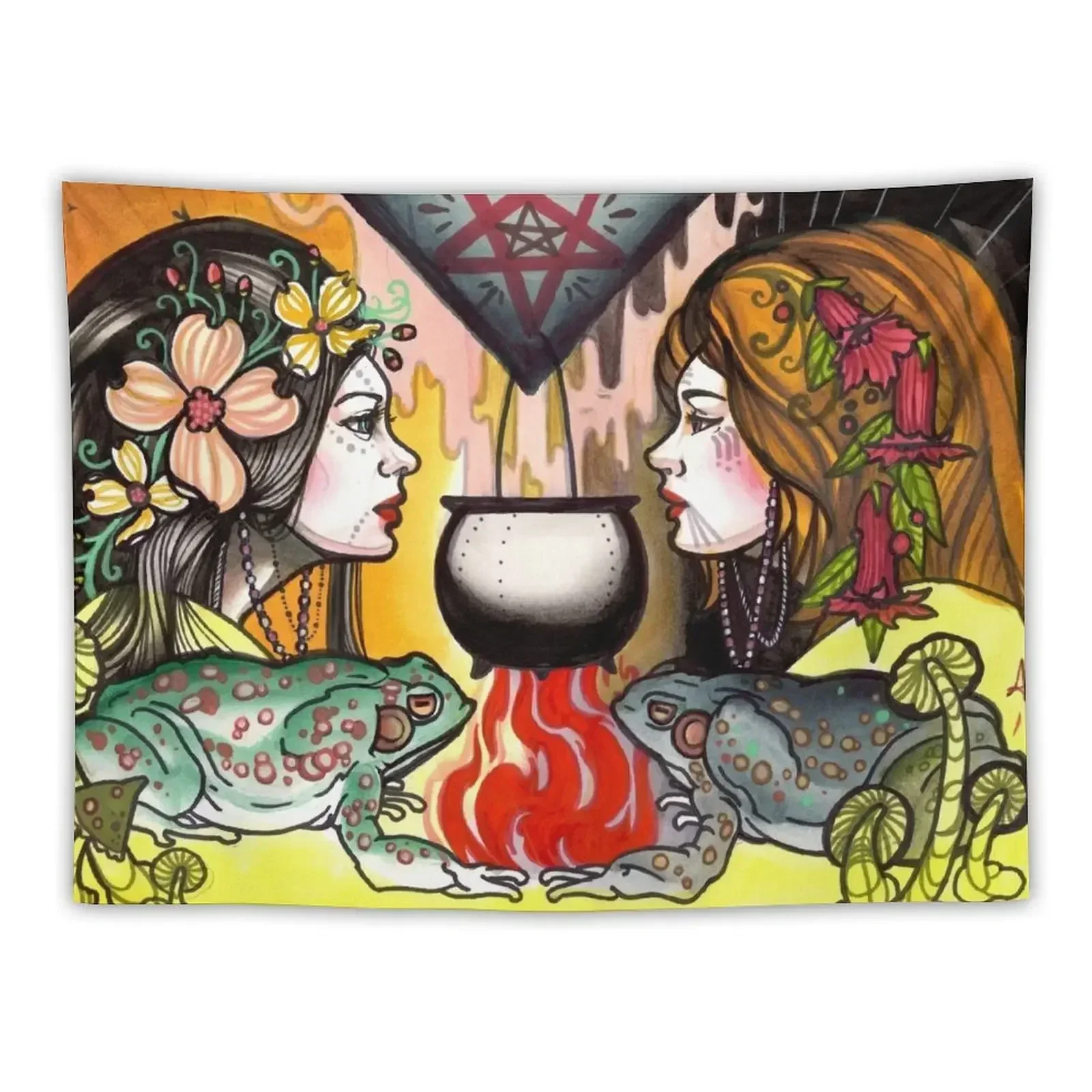 witching hour, witches with toads and pentagram Tapestry Mushroom Cute Room Decor Tapestry