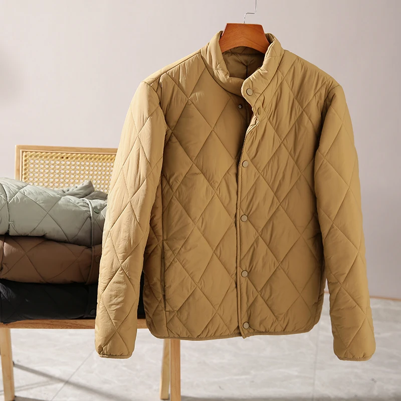 Lightweight Efficient Warm Cotton Men's Faion Urban Sle Diamond Quilted Stand Collar Cotton Jaet Regular Fit Single Button