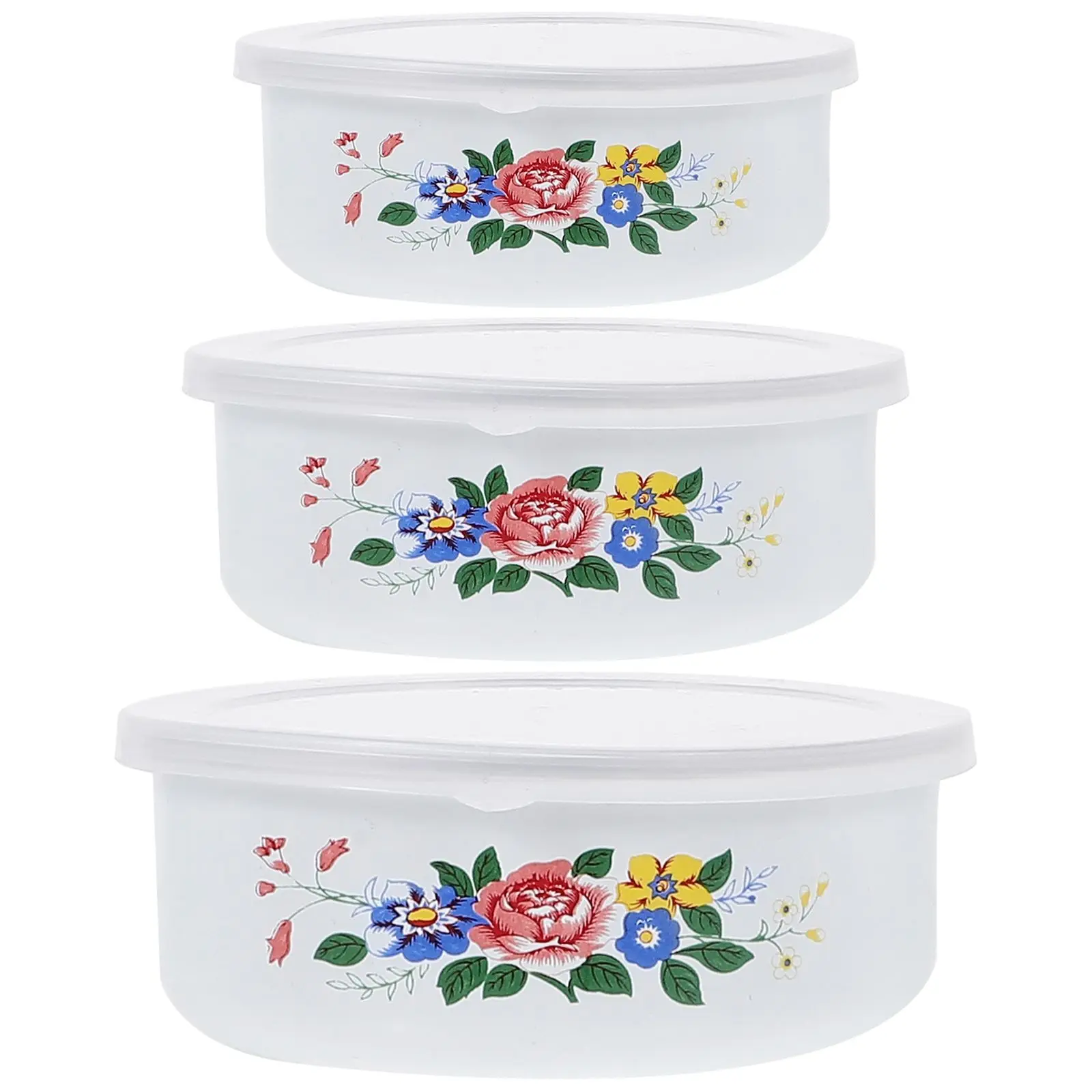 

Enamel Set Large Medium Small Sizes Flower Patterns Food Storage Preservation Salad Bowls Kitchen Containers