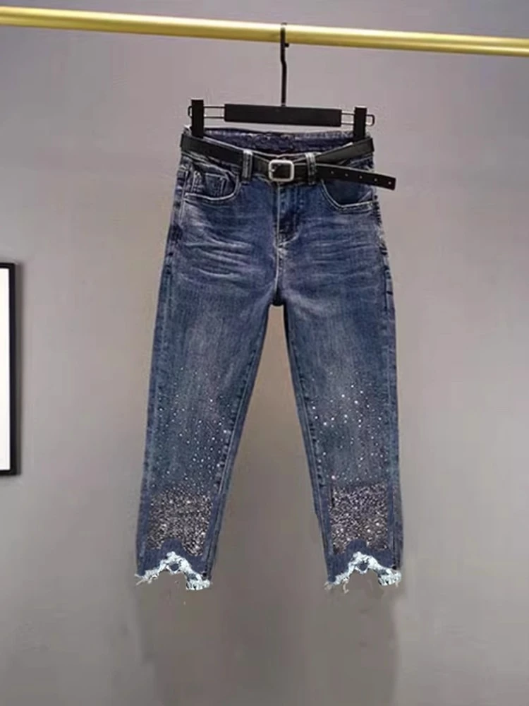 

Женские джинсы с горячим бурением, лето 2024, новая мода, уличные облегающие универсальные джинсовые брюки с высокой талией, укороченные ковбойские брюки-карандаш