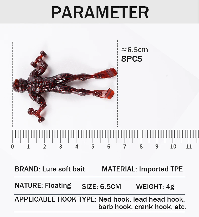 8Pcs 65mm Soft Lure humanoid soft bait perch mandarin fish tilted mouth black pit wild fishing floating water shrimp Pesca