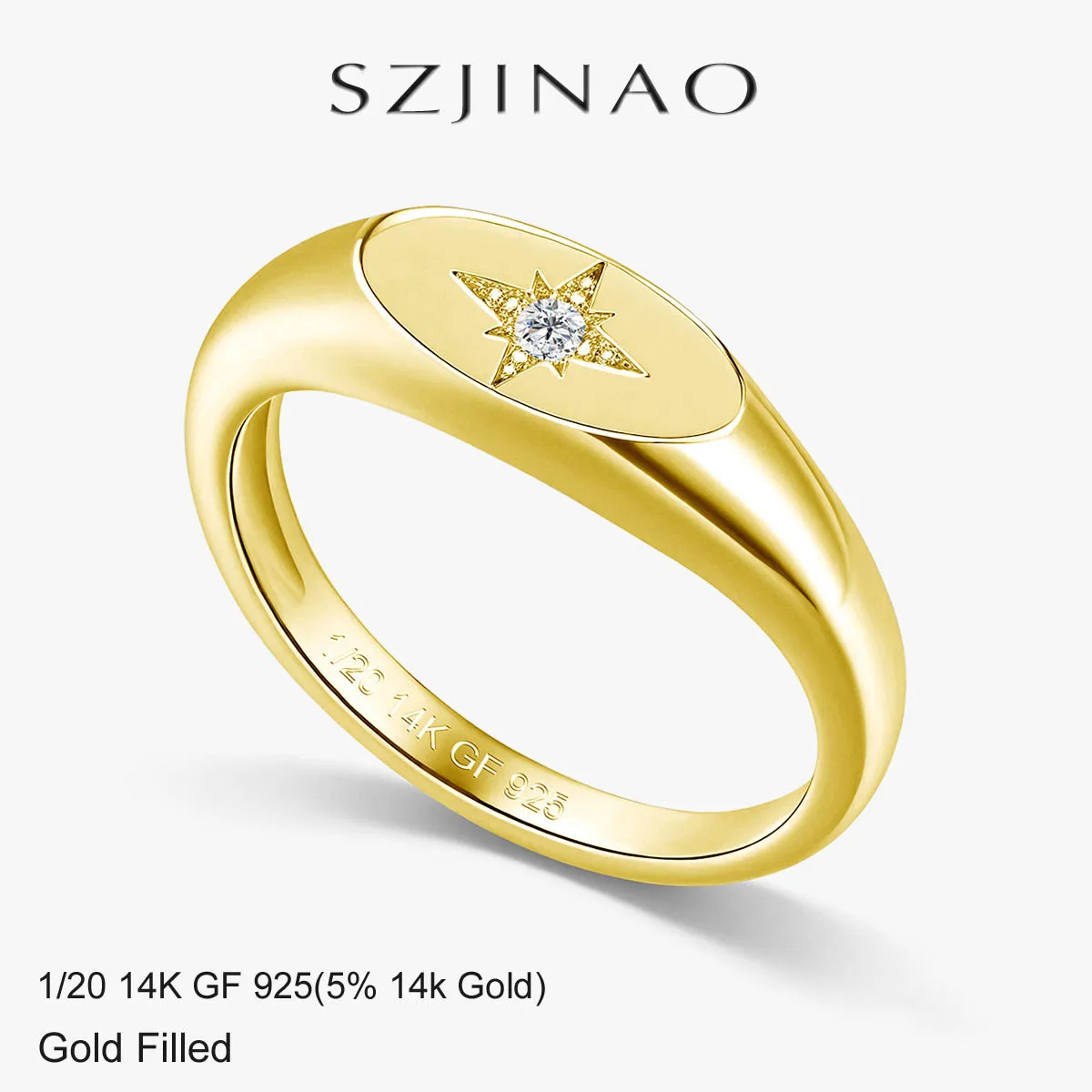 Solid 14K Gold Filled Star Signet Moissanite Diamond Ring 1/ 20 14K GF 925 for Women Minimalist Engagement Jewelry Waterproof