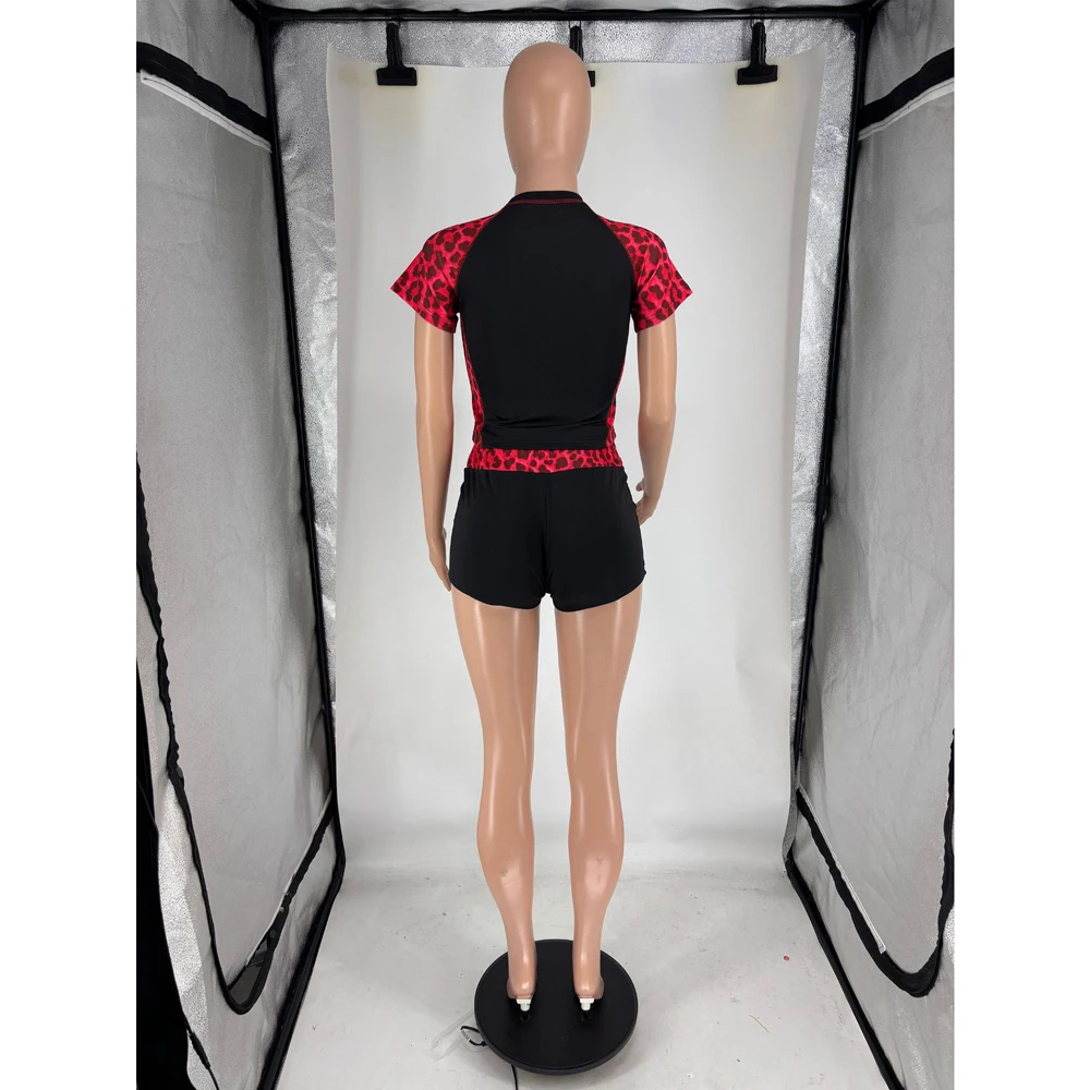 Y2k Sommer Neues Farbspleiß-Design Leopardenmuster Zweiteiler Damen Trainingsanzug Rundhals Slim Crop Top und Shorts Outfit Streetwear – Detail 12