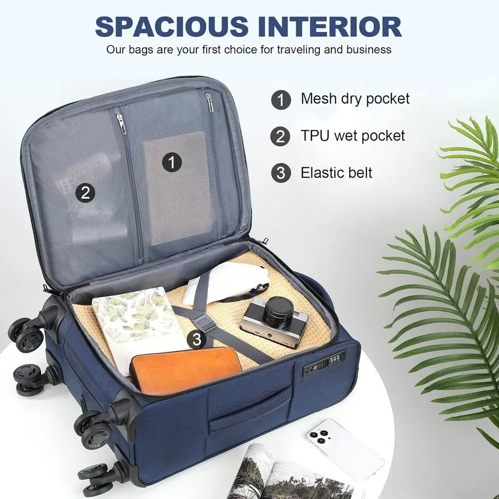 20 Expandable Softside Spinner Luggage with USB Port, TSA Lock, & Front Pockets - Navy