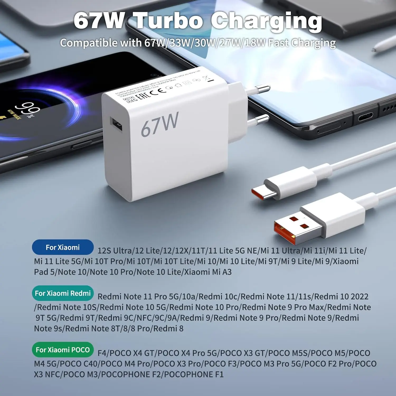 6A 67W Ultra Fast Wall Charger for Xiaomi 11 12 Lite 13T 14 Redmi Note 11T 12T 13 POCO F4 F5 X4 X5 X6 Pro Type C Charging Cable