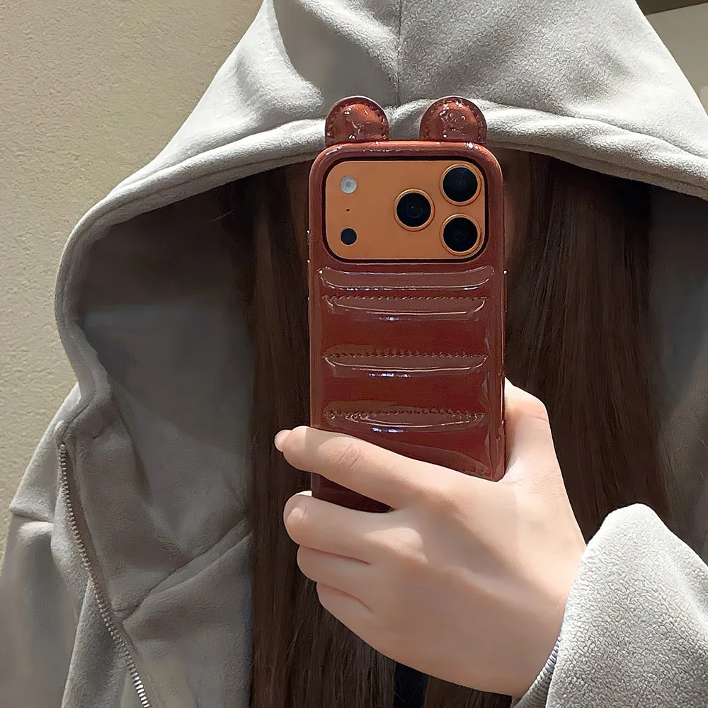

Координированный зимний чехол-накладка с ушками медведя для iPhone 17 16 15 14 Pro Max, противоударный, модный, из кожи, Funda