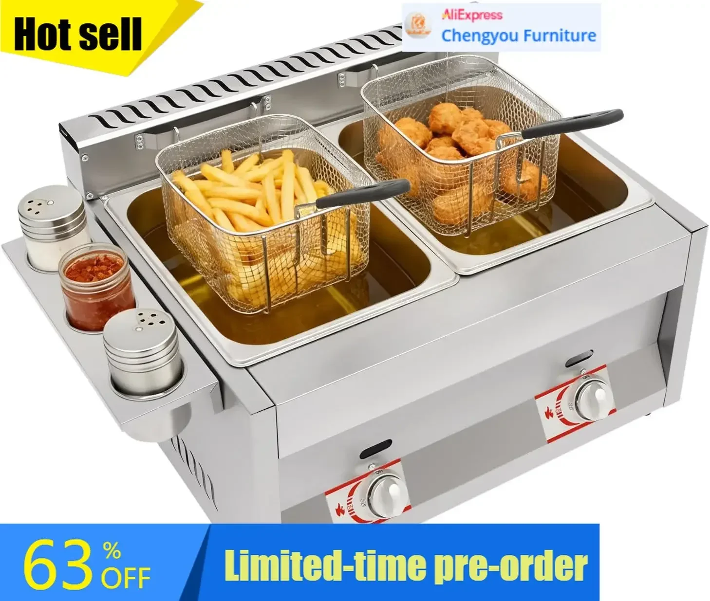 Gas Lpg Deep Fryer 2 Tank Stainless Steel Floor Tabletop For Restaurant Snack Shop