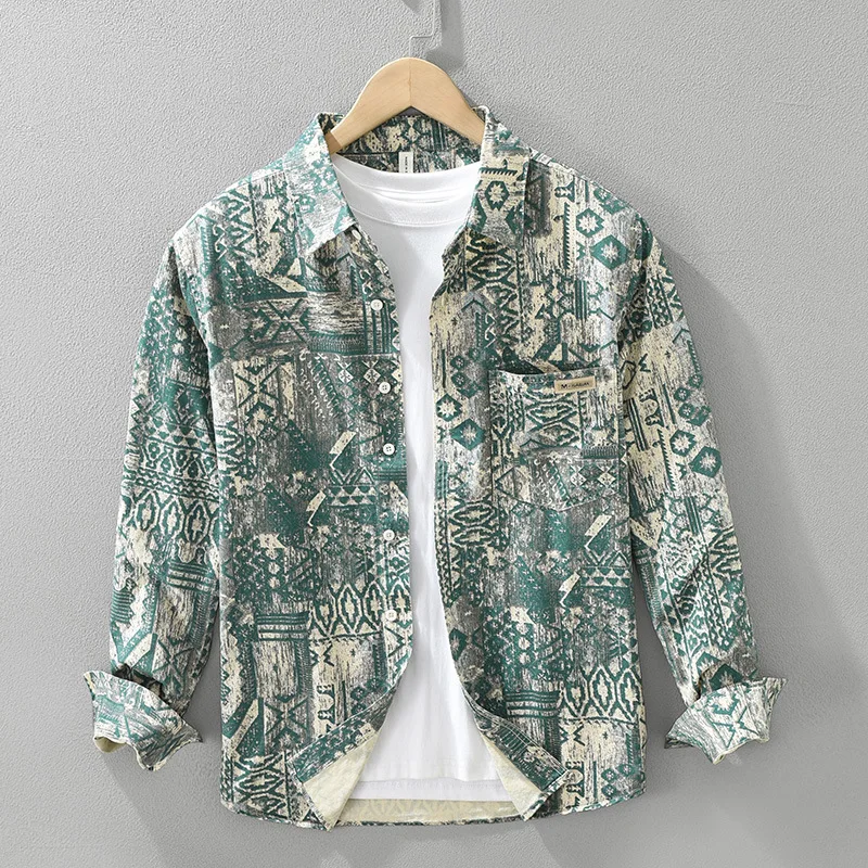 

Японская модная уличная одежда для мужчин: шикарная рубашка с принтом, длинный рукав, весенняя, из чистого хлопка, новинка среди рубашек, молодежные топы, повседневная мужская одежда