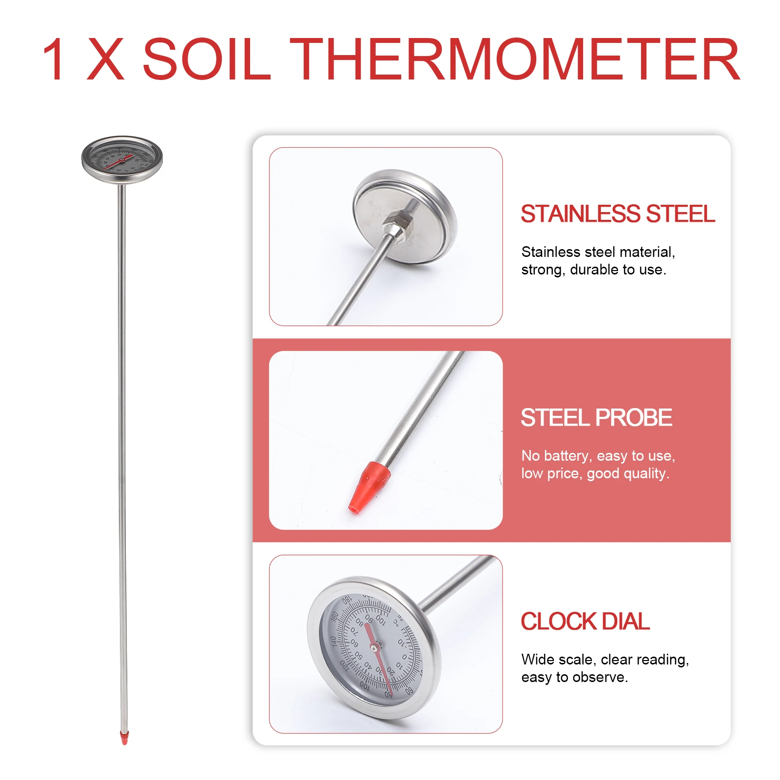 

Soil Thermometer 304 Stainless Steel Long Probe Temperature for Gardening Compost Professional Tool Lightweight Compact