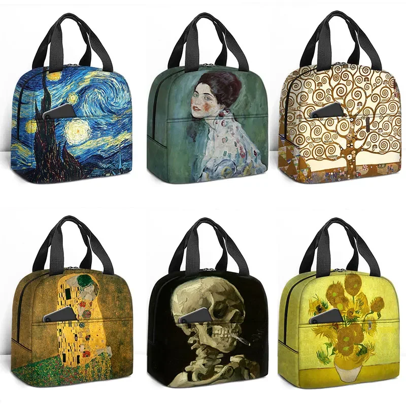 Famous Oil Painting Kiss By Gustav Klimt Print Lunch Bag Women Van Gogh Starry Night Food Container Portable Picnic Lunch Box