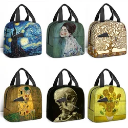 Famous Oil Painting Kiss By Gustav Klimt Print Lunch Bag Women Van Gogh Starry Night Food Container Portable Picnic Lunch Box