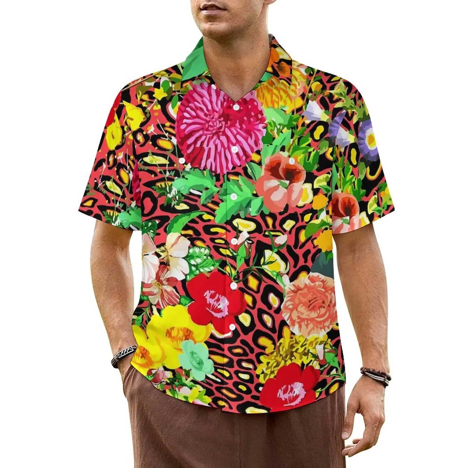 

Floral Leopard Vacation Shirt Male Colorful Flower Print Elegant Casual Shirts Hawaiian Short Sleeve Fashion Plus Size Blouses