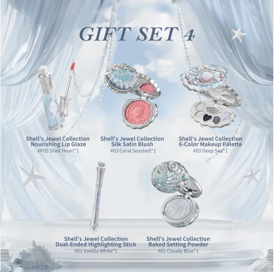 Conjunto de maquiagem 5 unidades! Flor sabe sombra blush lipgloss conchas pérola jóia coleção oceano coração maquiagem facial cosméticos originais