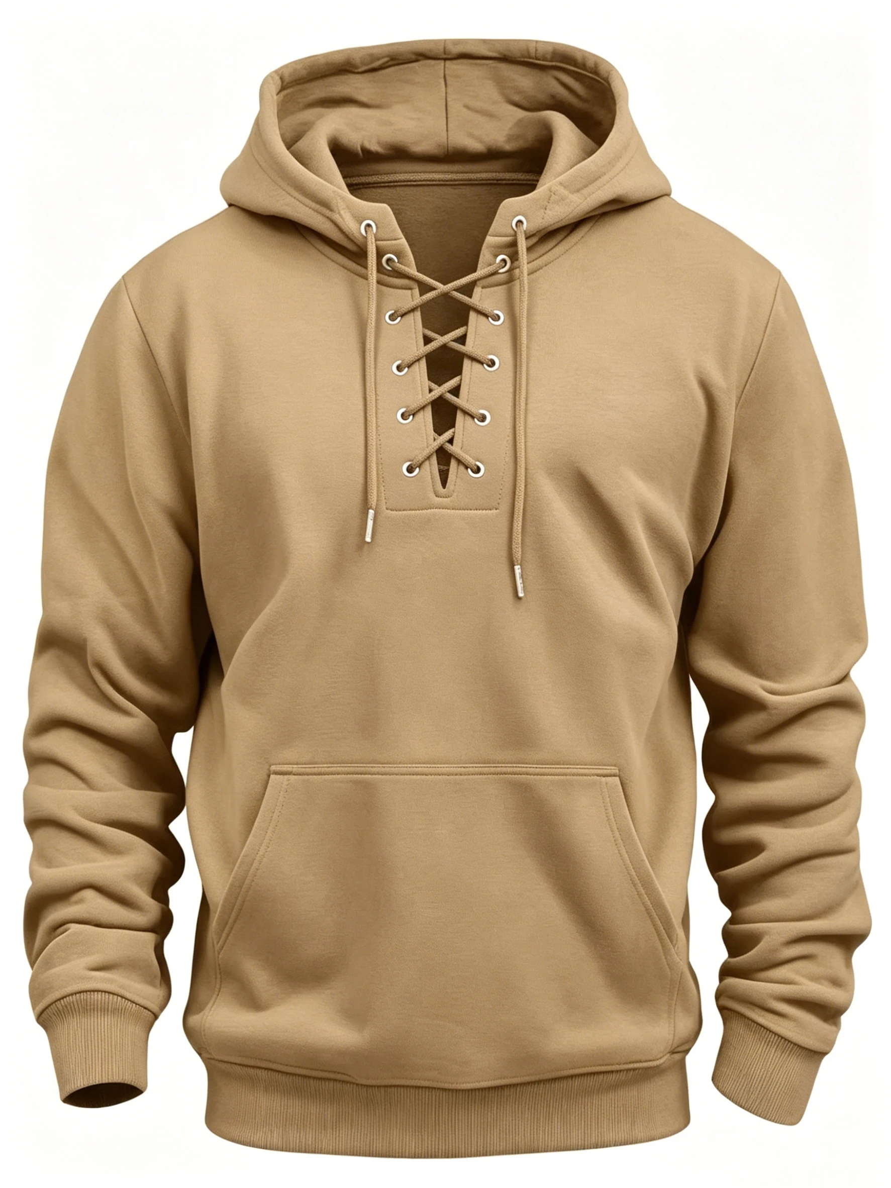 Herren Retro-Stil Kapuzenpullover mit Schnürung, locker geschnittener Langarm-Pullover in Unifarben-Design für Herbst und Winter. – Detail 4