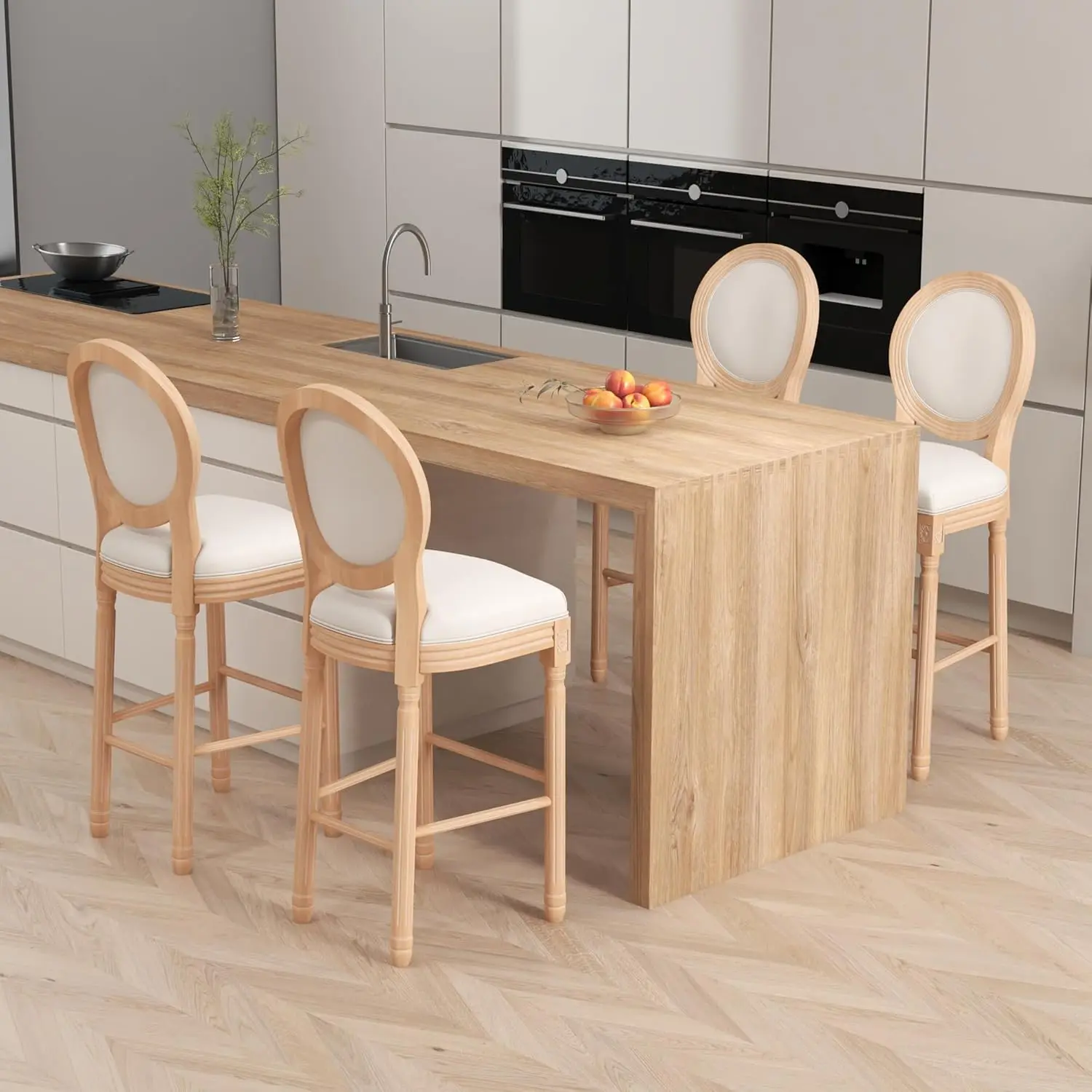 30-Inch French Country Bar Stools Set Of 2, Farmhouse Barstools With Solid Wood Frame And Fabric Upholstered Backrest, Rattan