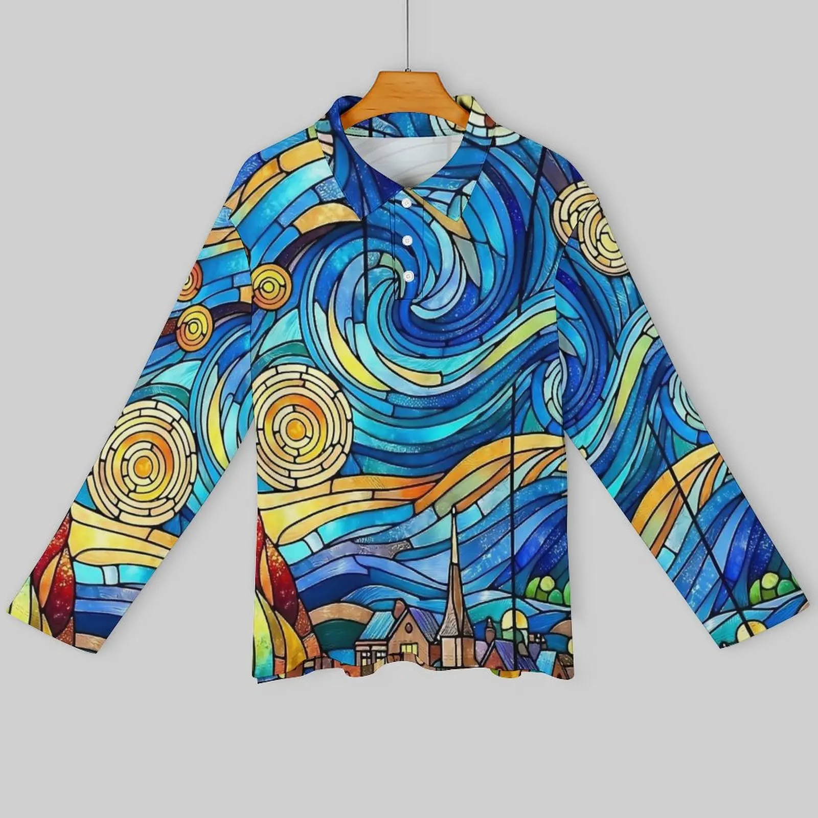 The Starry Night Casual T-Shirts Male Stained Glass Print Long Sleeve Polo Shirt Collar Trendy Spring Graphic Shirt Plus Size