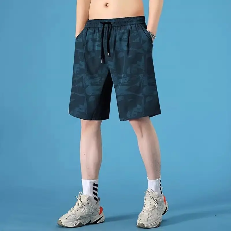 Large Size Elastic Thin Ice Silk Flower Shorts Men's Summer Trendy Casual Pants Loose Mesh Half Running Jogger Short Pants Men