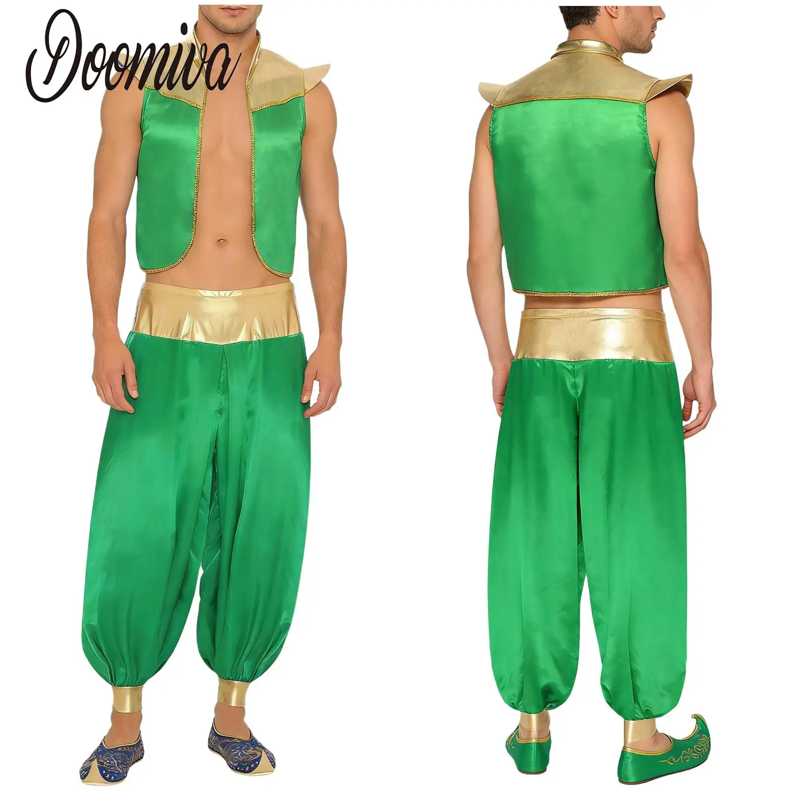 

Adult Men Arabian Prince Costume Aladins Captain Cosplay Outfits Shiny Trim Open Front Vest with Pants Set for Magical Character