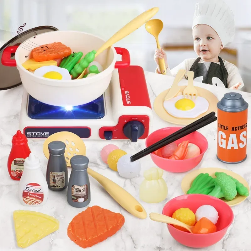 32pcs/set Simulate gas stove pot vegetable Meat music LED Lights kid kitchen toy set Play house Interactive Toy baby best gift