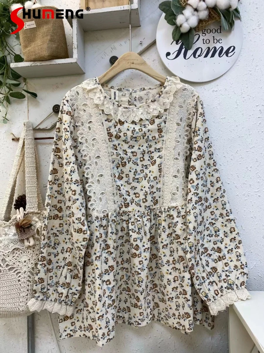 Mori Girl Style Vintage Lace Splicing Printing Long-sleeved Shirt Women's Spring and Autumn New Loose Doll Collar Casual Blouses