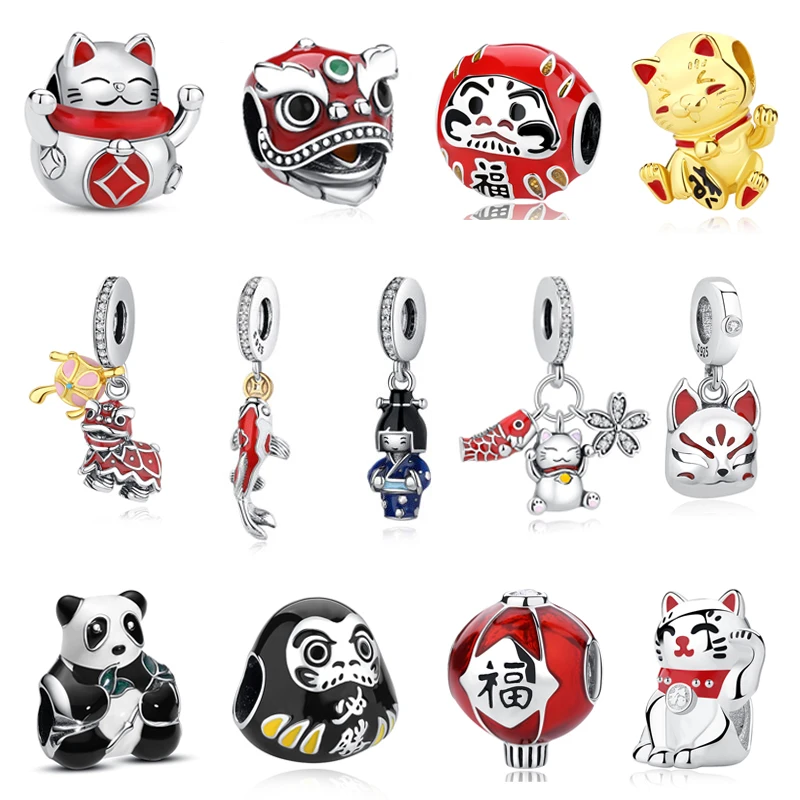 925 Sterling Silver Charm Bead Fortune Cat Chinese New Year Pendant Charms Japanese Girl Fit Pan Brand Bracelets Women Jewelry