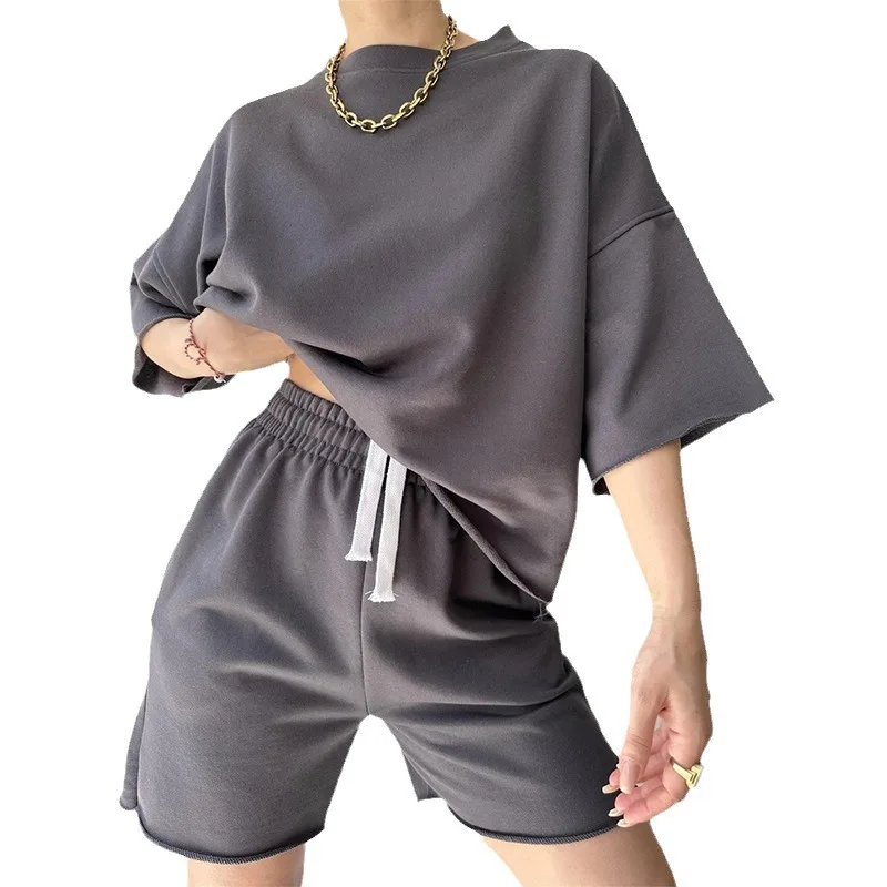 Women Two Piece Sets Round Neck Tops Y2k Short Sets Short Sleeve Lace Up Elastic Waist Loose Casual Summer Set Matching Sets