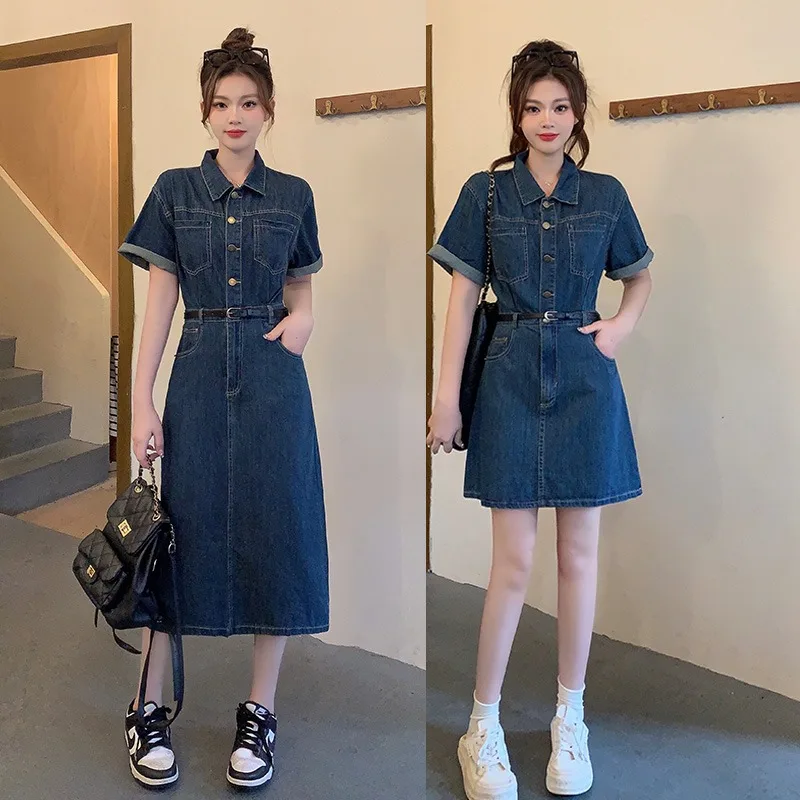 

plus Size Women's Denim Dress Belly Covering Slimming Micro plus Size Girls Summer New Style Long Sleeve Button Shirt Dress