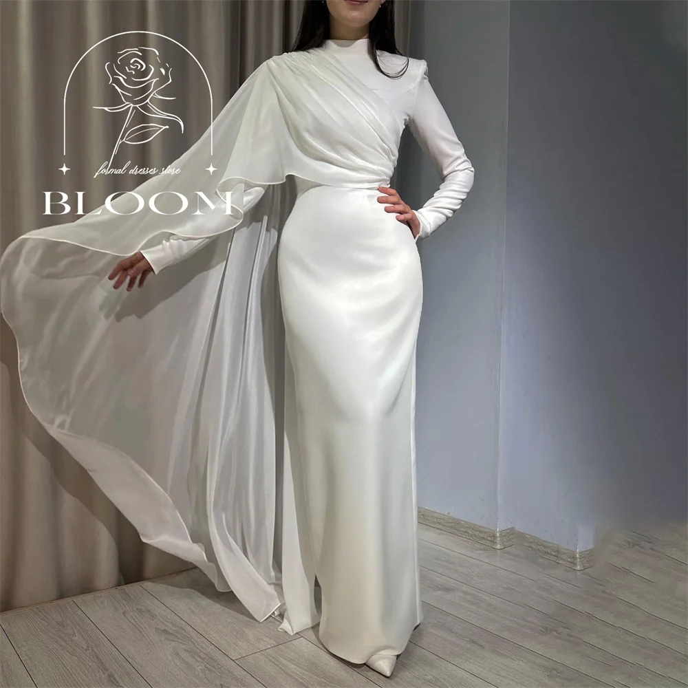 

Bloom Customized High Neck Everning Gown Long Sleeve Chiffon Satin Fitted Mermaid Floor Length Evening Gown Elegant Party Gown