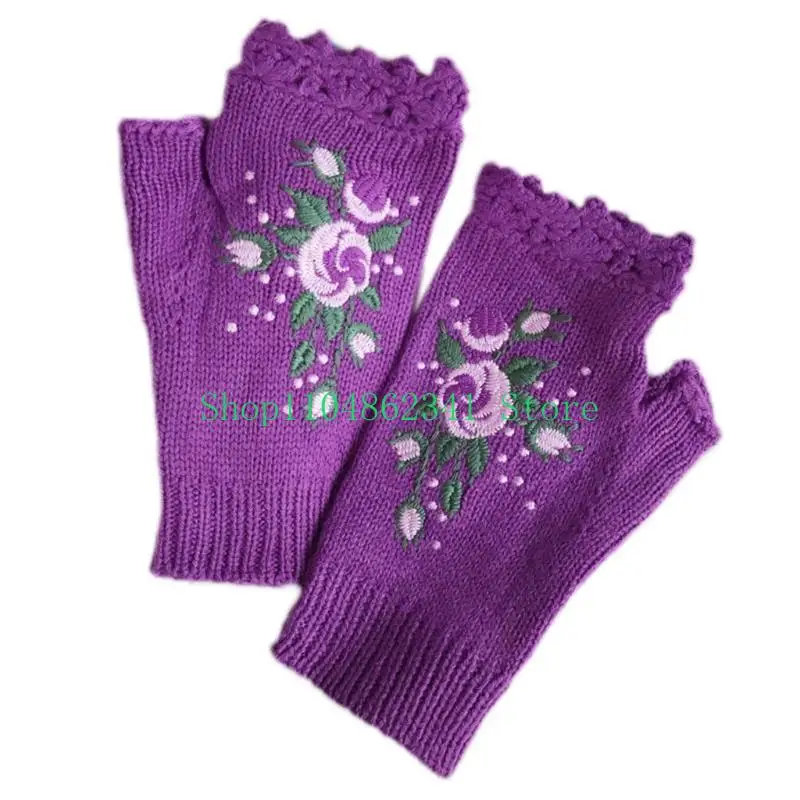 652F Women Half Finger Gloves Winter Embroidery Knit Fingerless Typing Driving Mitten