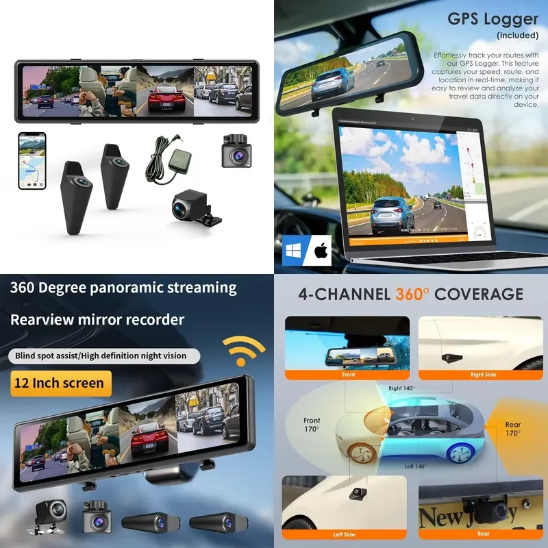 2026 Hot Sale IPoster 12 Inch Dash Cam WIFI Track HD 360 View System Car DVR Rear View Mirror Recorder 4 Channel