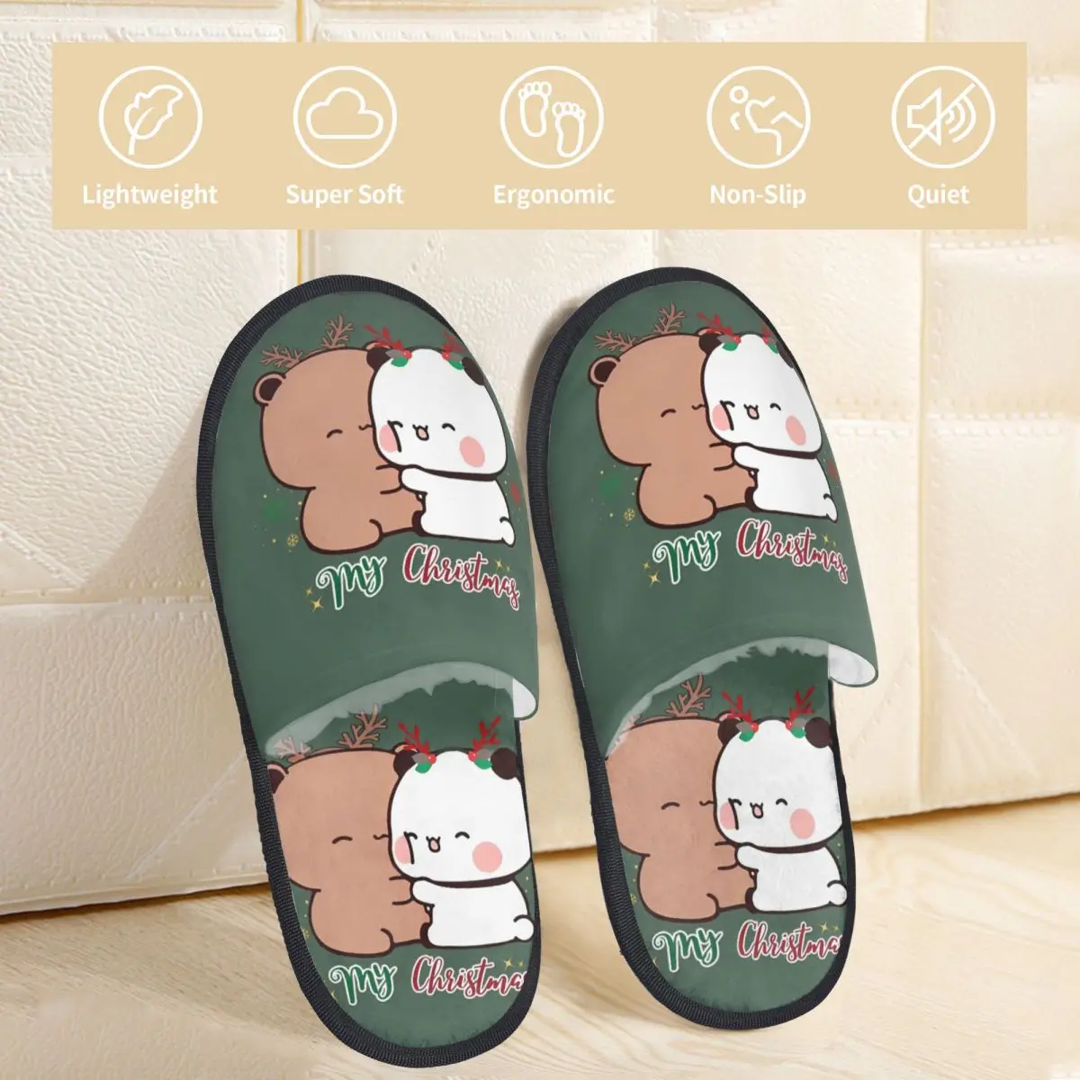 BuBu Panda DuDu Bear Christmas Love Winter Slippers Indoor Xmas Cute Cozy Memory Foam Slippers Non Slip