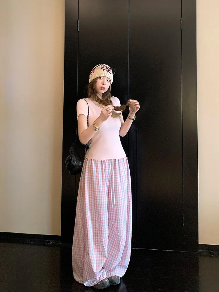 

Lazy Plaid Wide Leg Casual Pants Women's Spring Summer Long Pants Elastic Waist Design Loose Pants Comfortable Breathable Ski...