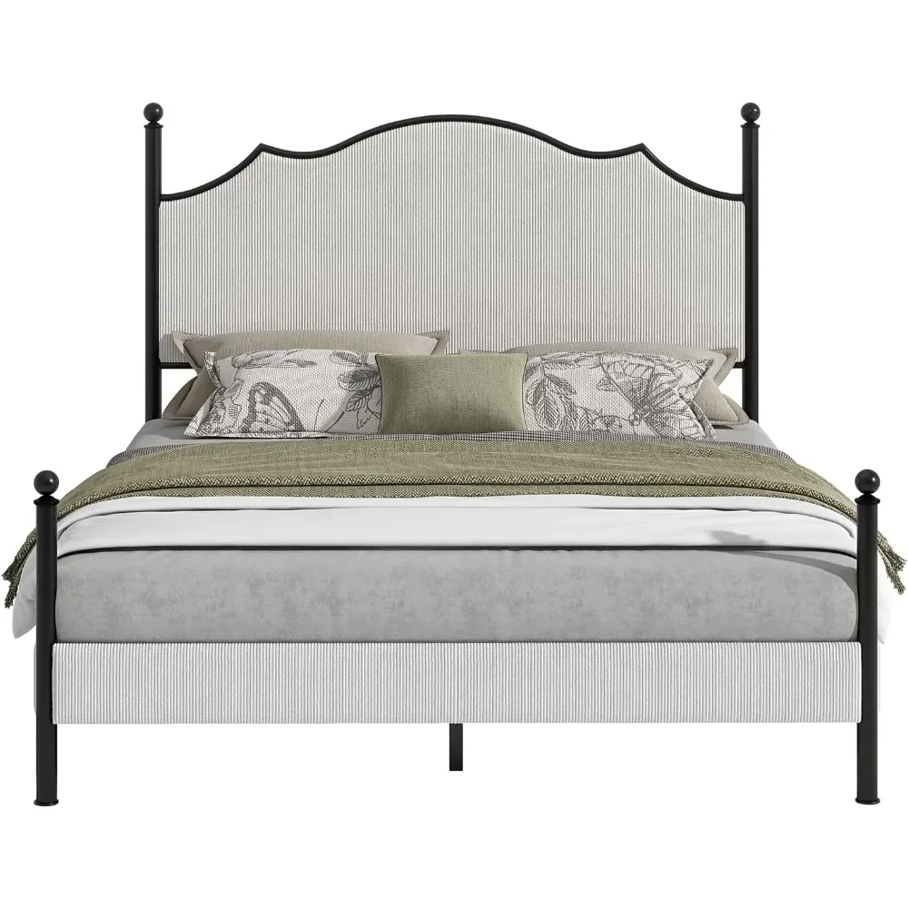 

AMERLIFE Upholstered Full Size Bed Frame with 51.2" Tall Headboard, Metal Four Poster LED Beds for Bedroom, Easy Assembly, Woode