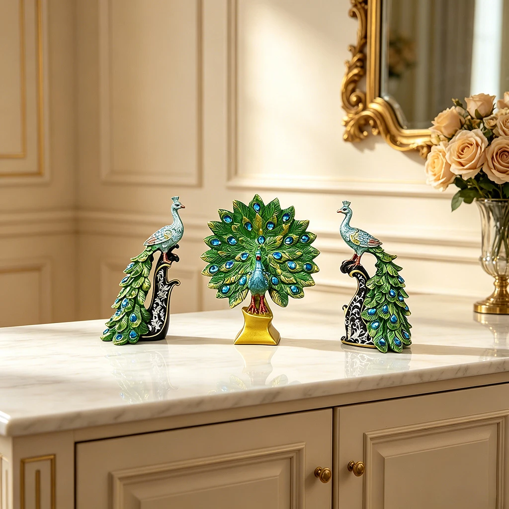 3PCS Peacock Figurine Set Resin Animal Statues Colorful Crystal Feather Sculpture Home Decor Ornaments Living Room Desk Gift