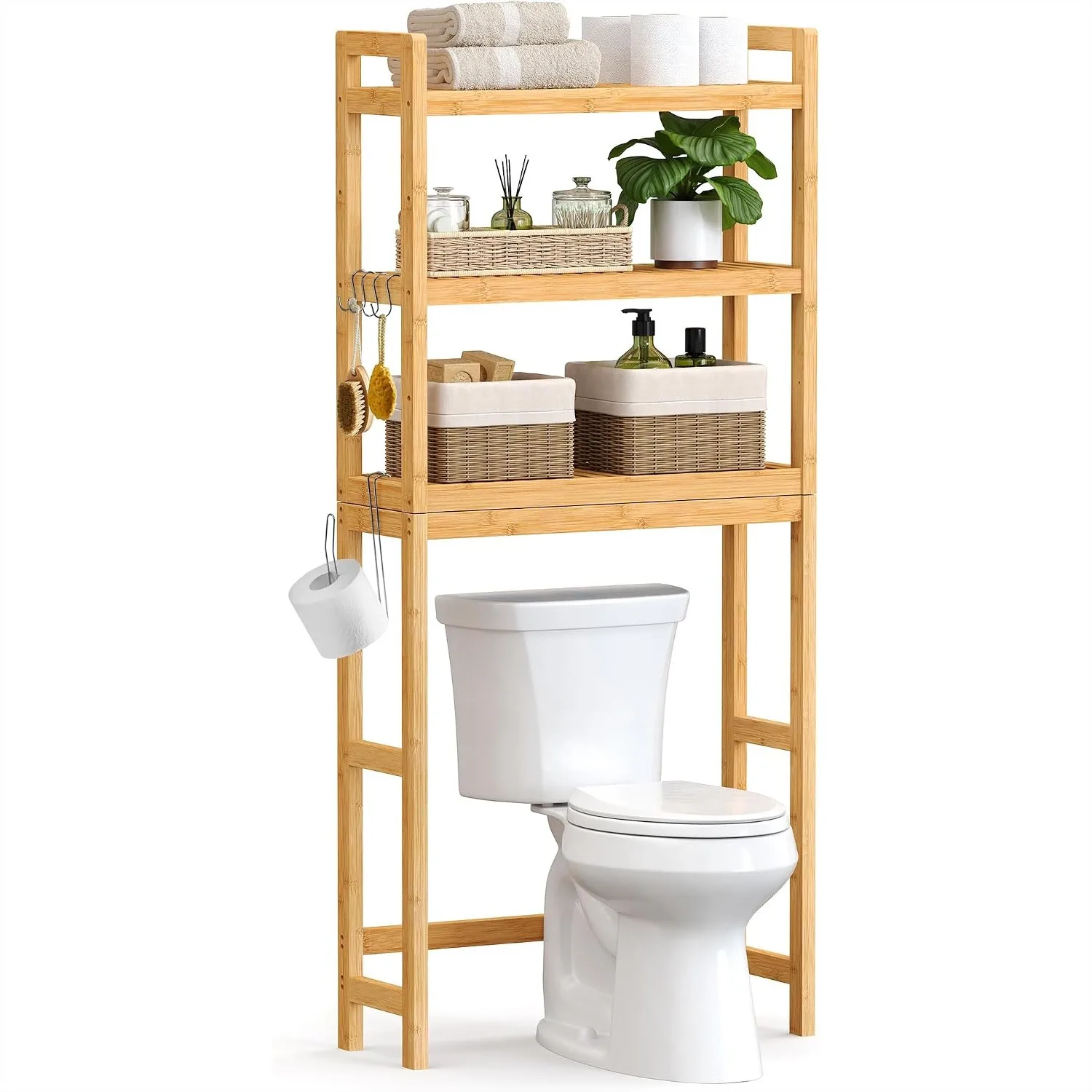 

3-Tier Over The Toilet Storage with Adjustable Shelf, Bamboo Bathroom Organizer, Space-Saving for Towels and Toiletries, Natural