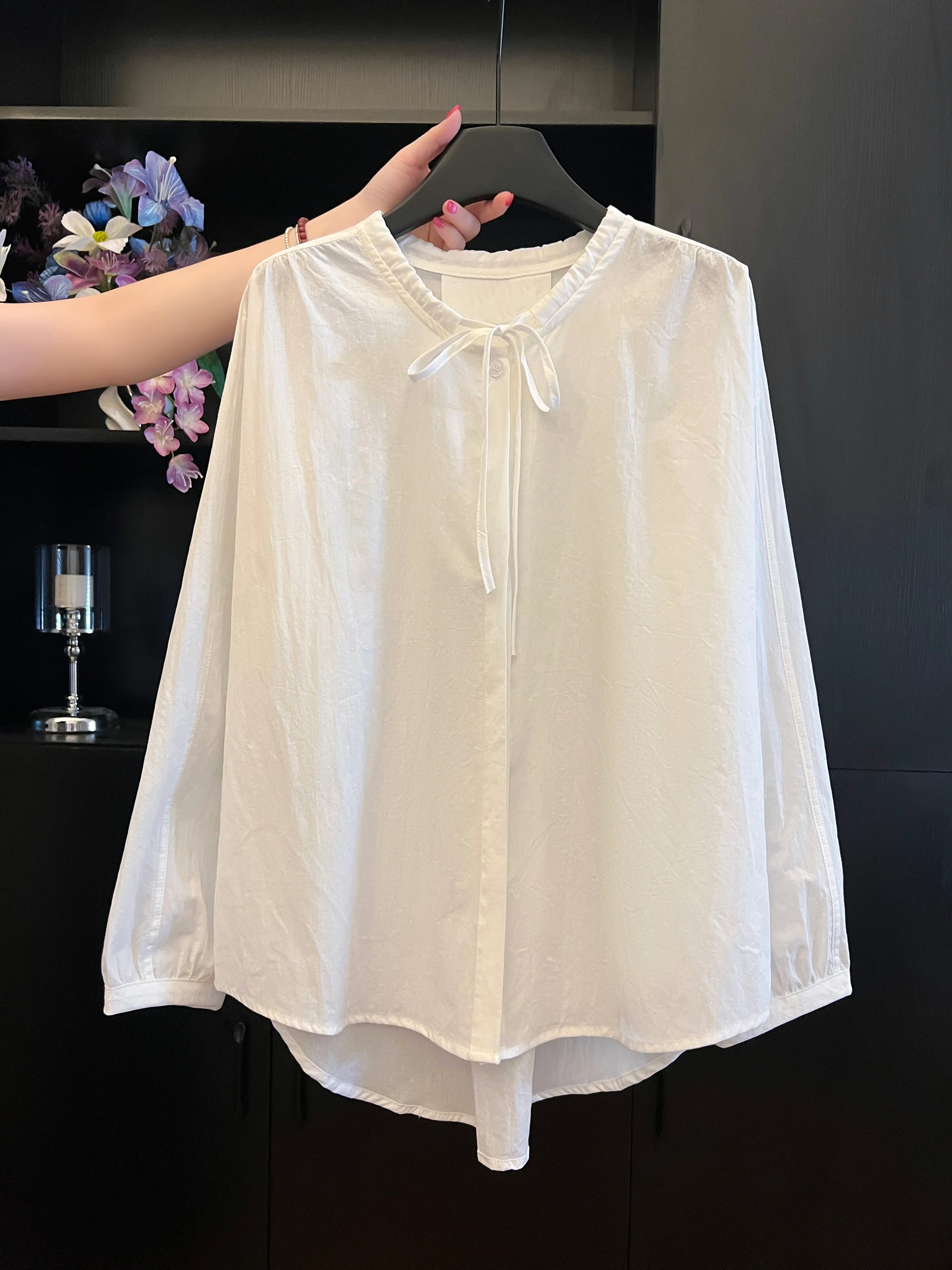 

White Linen Sun Protection irt Women Summer Thin Loose Casual Versatile Lazy Sle Lantern Long Sve Linen Top