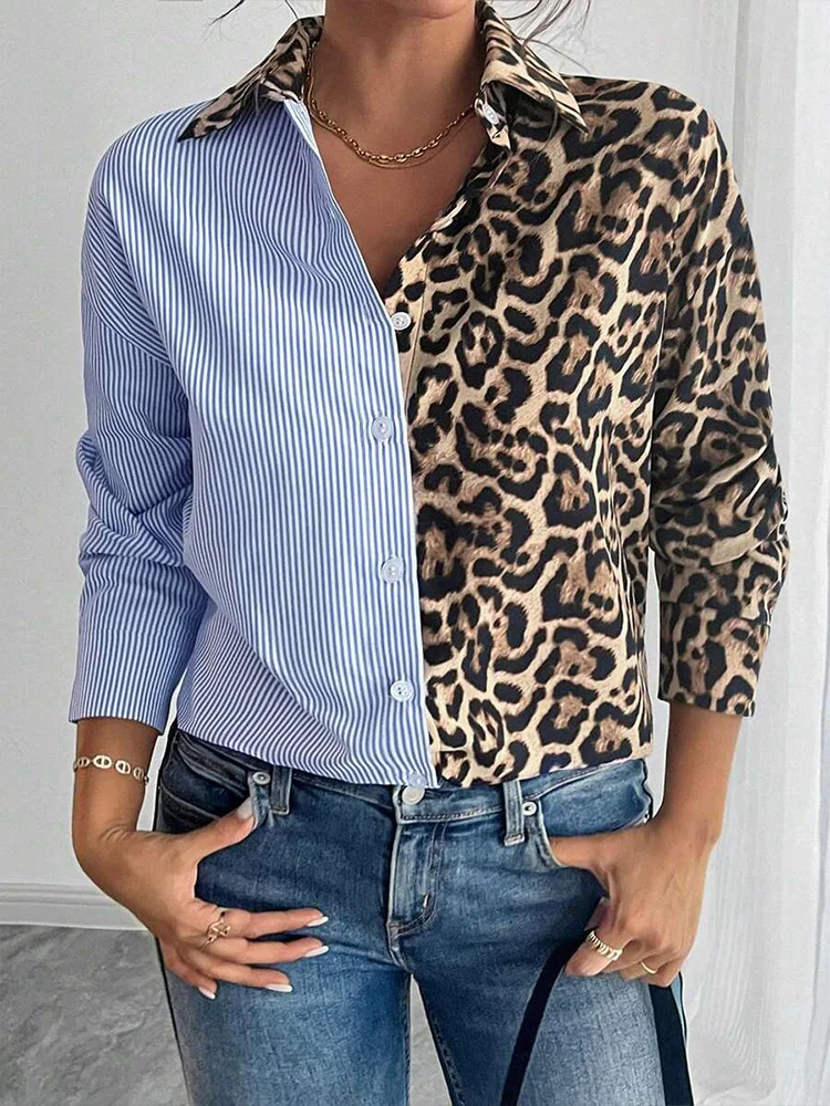 Koszula w panterkę z długim rękawem, patchworkowa, na wiosnę i jesień, luźny i nieregularny krój, uniwersalna do codziennych wyjść i pracy.