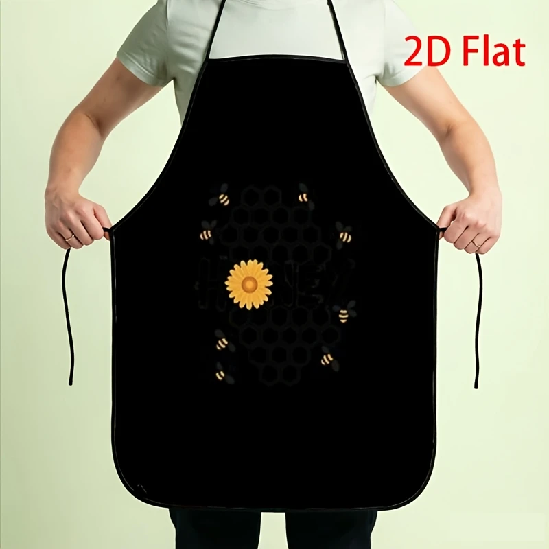 1pc 2D Printed Creative Apron Black Background With Yellow Sunflower And Honeycomb Pattern Surrounded By Bees Design Kitchen Coo