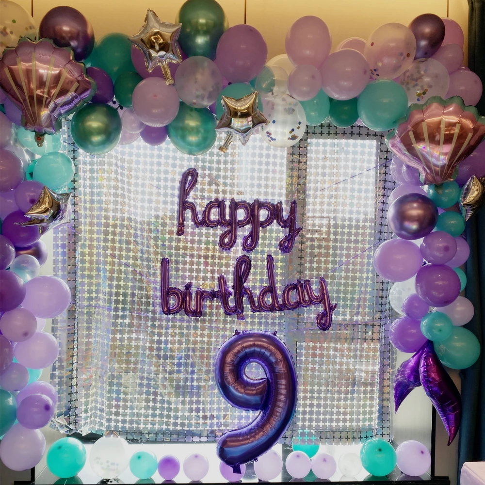 

Purple Mermaid Girl Happy 9th birthday party decorations background supplies